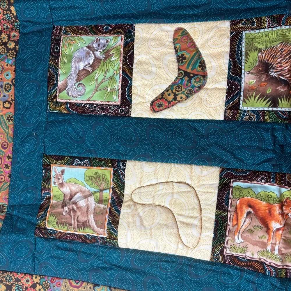 Hand Made Patchwork Quilt Wall Hanging Australia Animals Boomerang 37”x39”